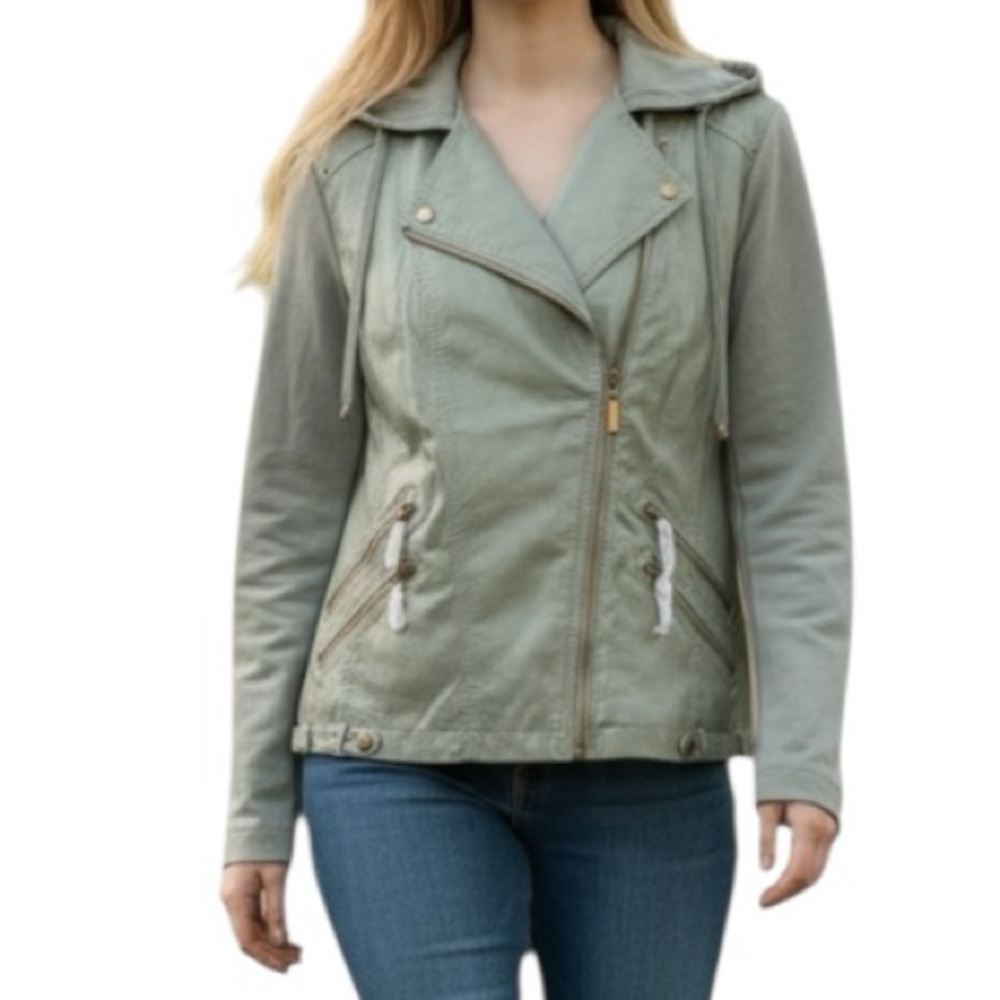 Montana Co. Vegan Leather Sweatshirt Removable Hood Moto Western Jacket Sage
